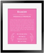 Ramon personalized name print with origin and traits in pink with black matte frame