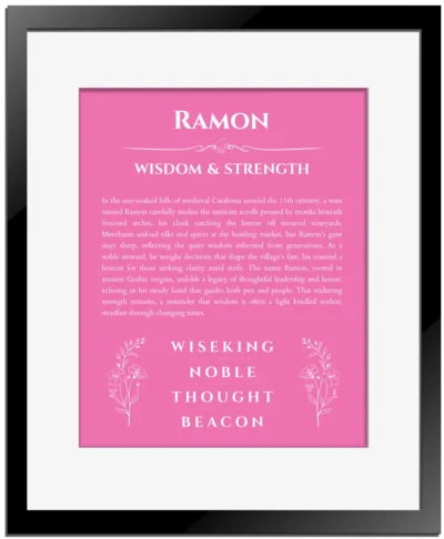 Ramon personalized name print with origin and traits in pink with black matte frame