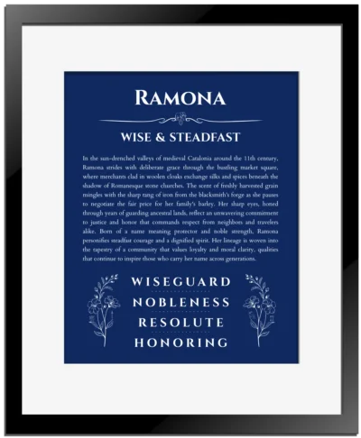 Ramona personalized name art with origin story in deep blue with black matte frame