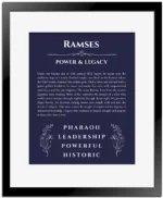 Ramses personalized name print with origin and traits in navy blue with black matte frame