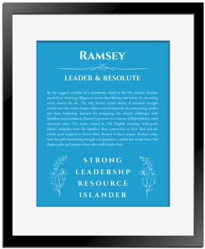 Ramsey custom name print for wall display in blue with black matte frame