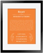 Ramy name meaning wall art by Get Your Story in orange with black matte frame