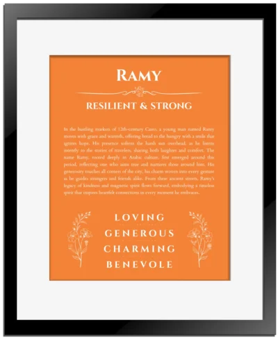 Ramy name meaning wall art by Get Your Story in orange with black matte frame