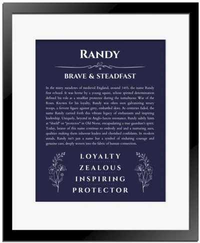 Randy name meaning gift print in navy blue with black matte frame