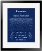 Ranger personalized name print with origin and traits in deep blue with black matte frame