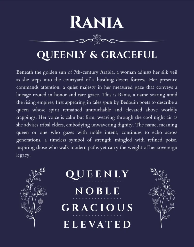 Rania custom name art showing meaning and origin in navy blue