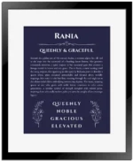 Rania custom name art showing meaning and origin in navy blue with black matte frame