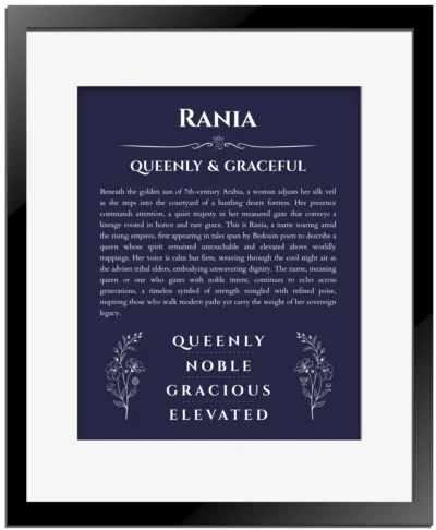 Rania custom name art showing meaning and origin in navy blue with black matte frame