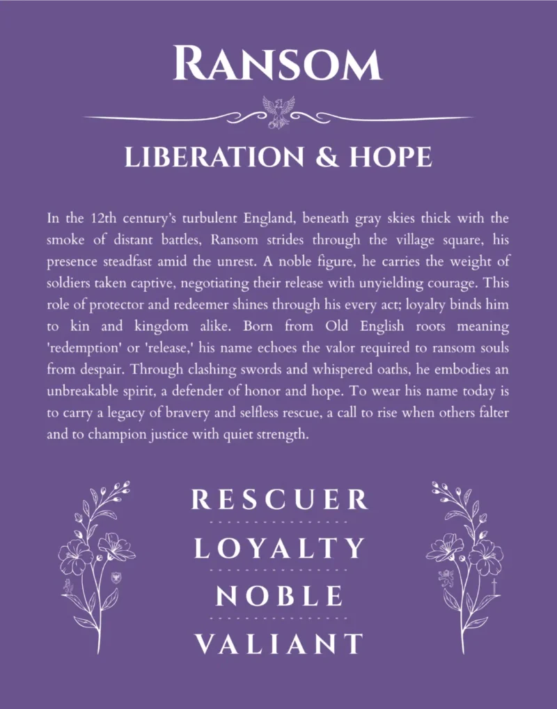 Ransom name origin print with meaning and traits in purple