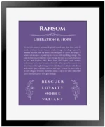 Ransom name origin print with meaning and traits in purple with black matte frame