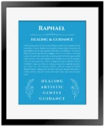 Raphael personalized name print with origin and traits in blue with black matte frame