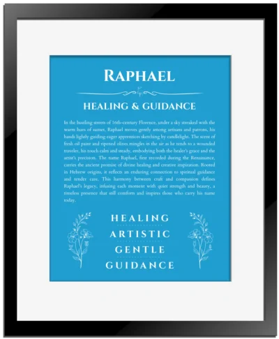 Raphael personalized name print with origin and traits in blue with black matte frame