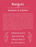 Raquel custom name art showing meaning and origin in red