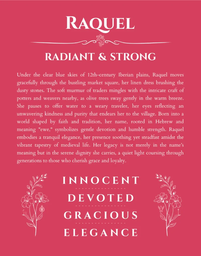 Raquel custom name art showing meaning and origin in red