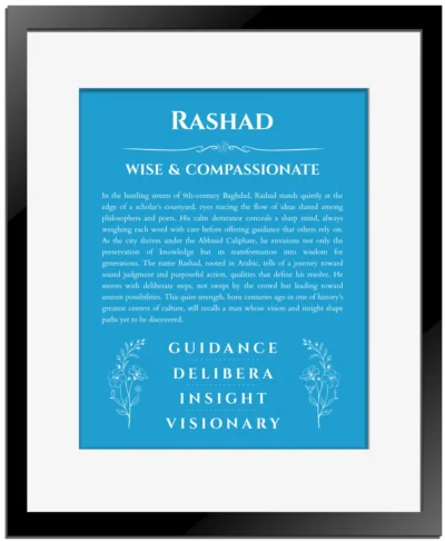 Rashad personalized wall art with the story of your name in blue with black matte frame