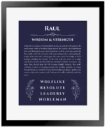 Raul custom name art showing meaning and origin in navy blue with black matte frame