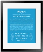 Raven personalized name art with origin story in blue with black matte frame