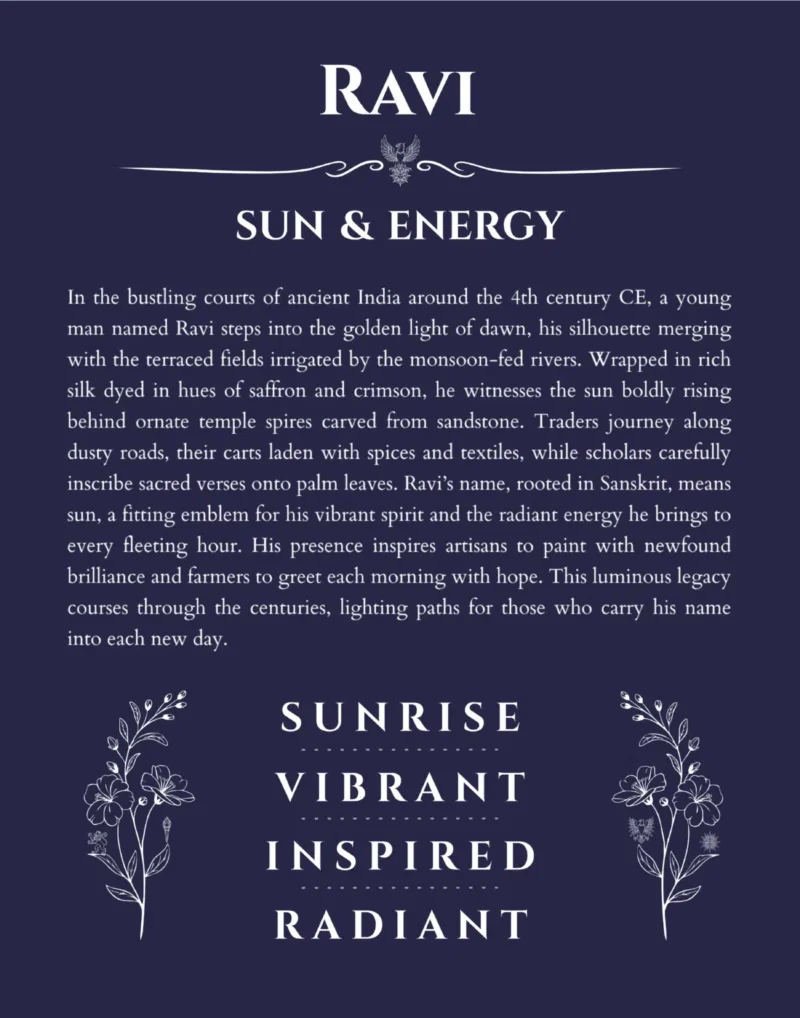 Ravi custom name art showing meaning and origin in navy blue