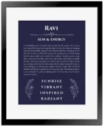 Ravi custom name art showing meaning and origin in navy blue with black matte frame