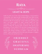 Raya personalized name art with origin story in pink