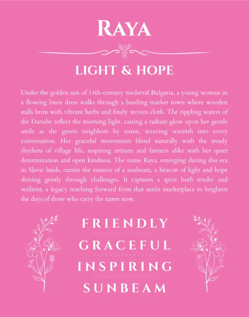 Raya personalized name art with origin story in pink