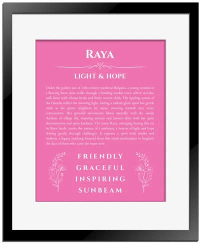 Raya personalized name art with origin story in pink with black matte frame