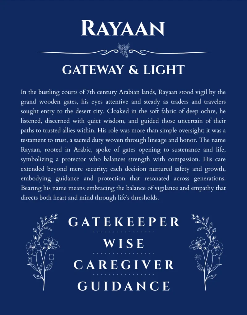 Rayaan personalized name art with origin story in deep blue