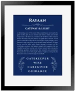 Rayaan personalized name art with origin story in deep blue with black matte frame