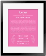 Rayah personalized wall art with the story of your name in pink with black matte frame