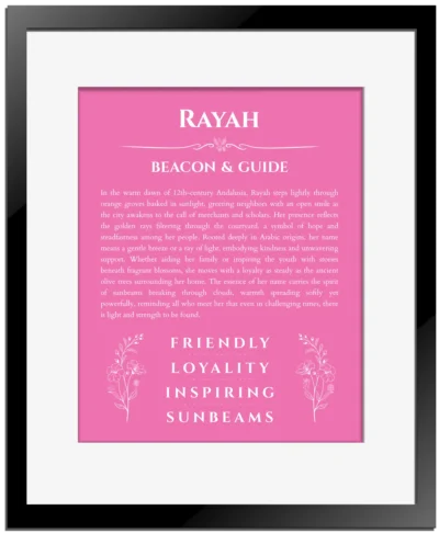 Rayah personalized wall art with the story of your name in pink with black matte frame