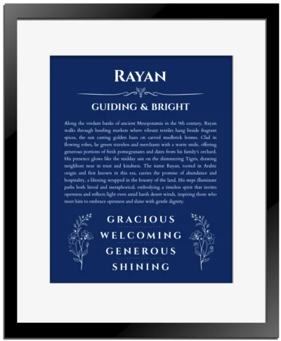 Rayan custom name print for wall display in deep blue with black matte frame