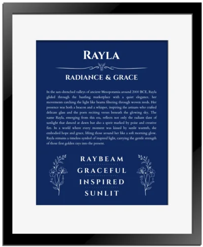 Rayla personalized name print with origin and traits in deep blue with black matte frame