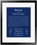 Raylee custom name meaning print in deep blue with black matte frame