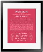Rayleigh personalized name print with origin and traits in red with black matte frame