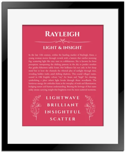 Rayleigh personalized name print with origin and traits in red with black matte frame