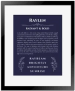 Raylen personalized wall art with the story of your name in navy blue with black matte frame