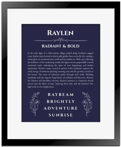 Raylen personalized wall art with the story of your name in navy blue with black matte frame
