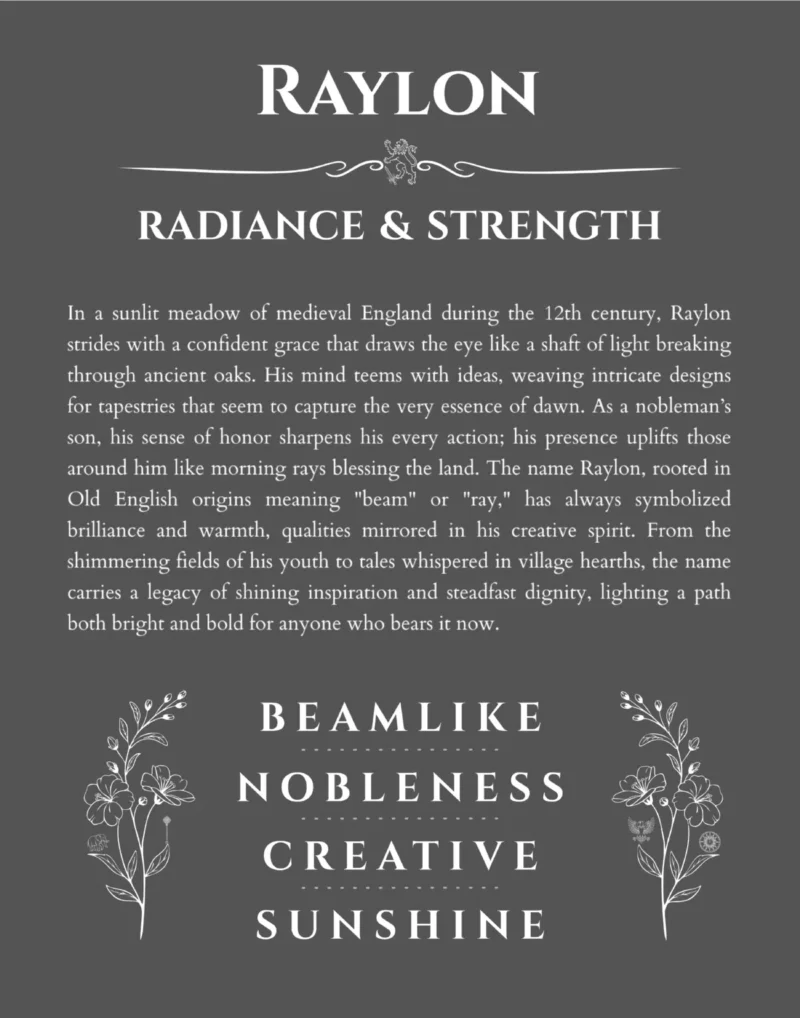 Raylon custom name art showing meaning and origin in gray