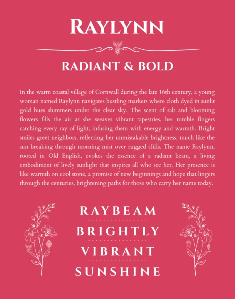 Raylynn name origin print with meaning and traits in red