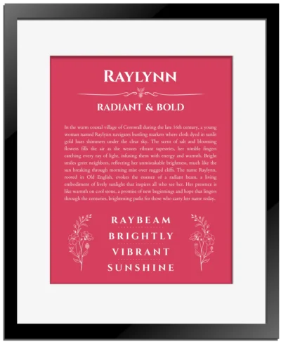 Raylynn name origin print with meaning and traits in red with black matte frame