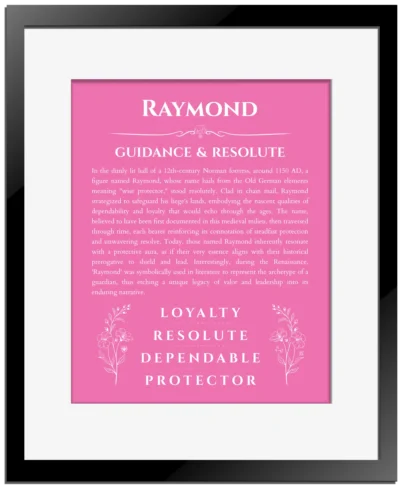 Raymond personalized name art with origin story in pink with black matte frame