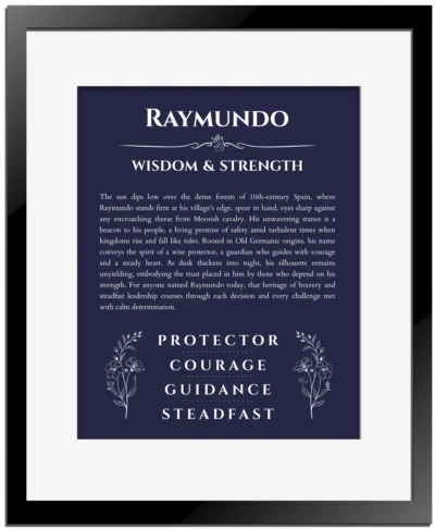 Raymundo custom name print for wall display in navy blue with black matte frame