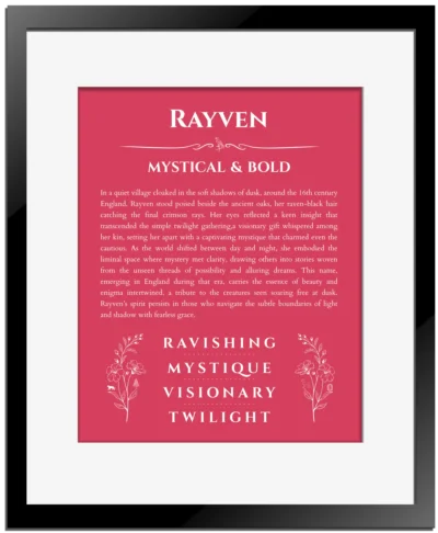 Rayven custom name print for wall display in red with black matte frame