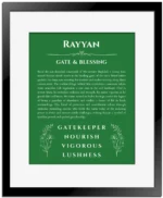 Rayyan personalized name art with origin story in dark green with black matte frame