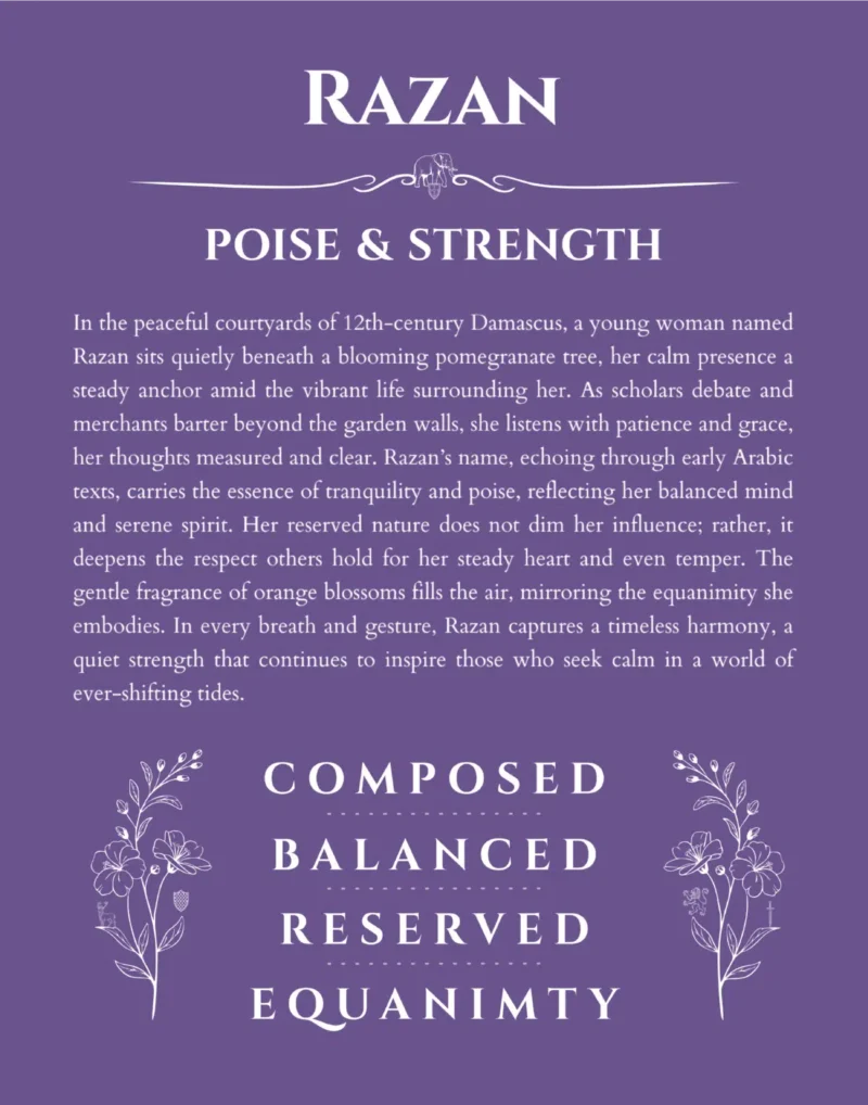 Razan personalized name print with origin and traits in purple