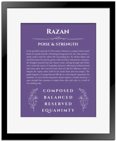 Razan personalized name print with origin and traits in purple with black matte frame