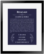 Reagan name meaning gift print in navy blue with black matte frame