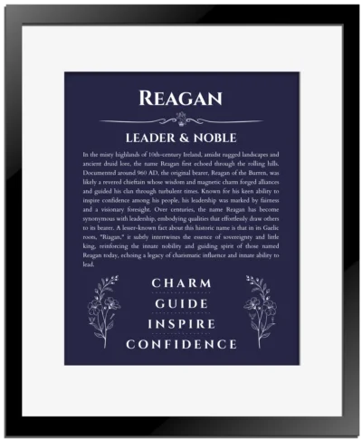 Reagan name meaning gift print in navy blue with black matte frame