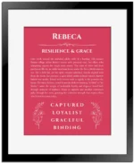 Rebeca personalized name print with origin and traits in red with black matte frame