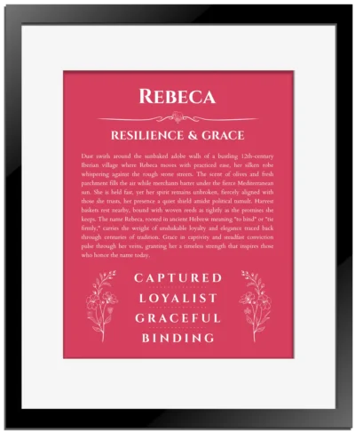 Rebeca personalized name print with origin and traits in red with black matte frame